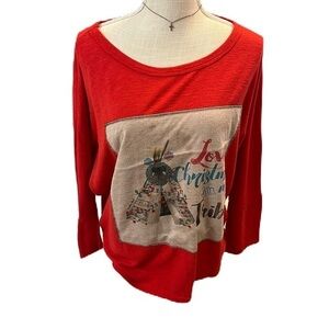 Red and Beige Graphic Long Sleeve Christmas Top M